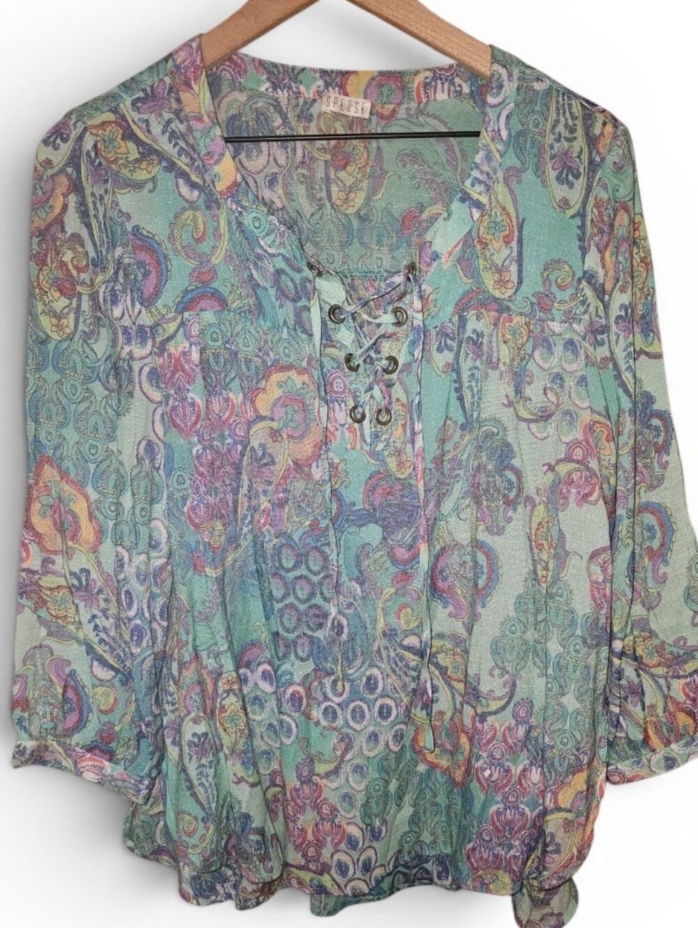 SPENSE Lace Up Neck Aqua Paisley Blouse - Large